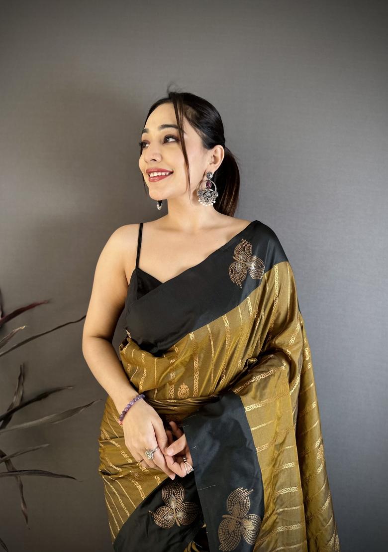 Olive Green Weaving Work Silk Saree Set - Indya
