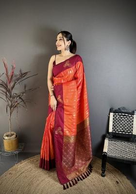 Orange Weaving Work Silk Saree Set
