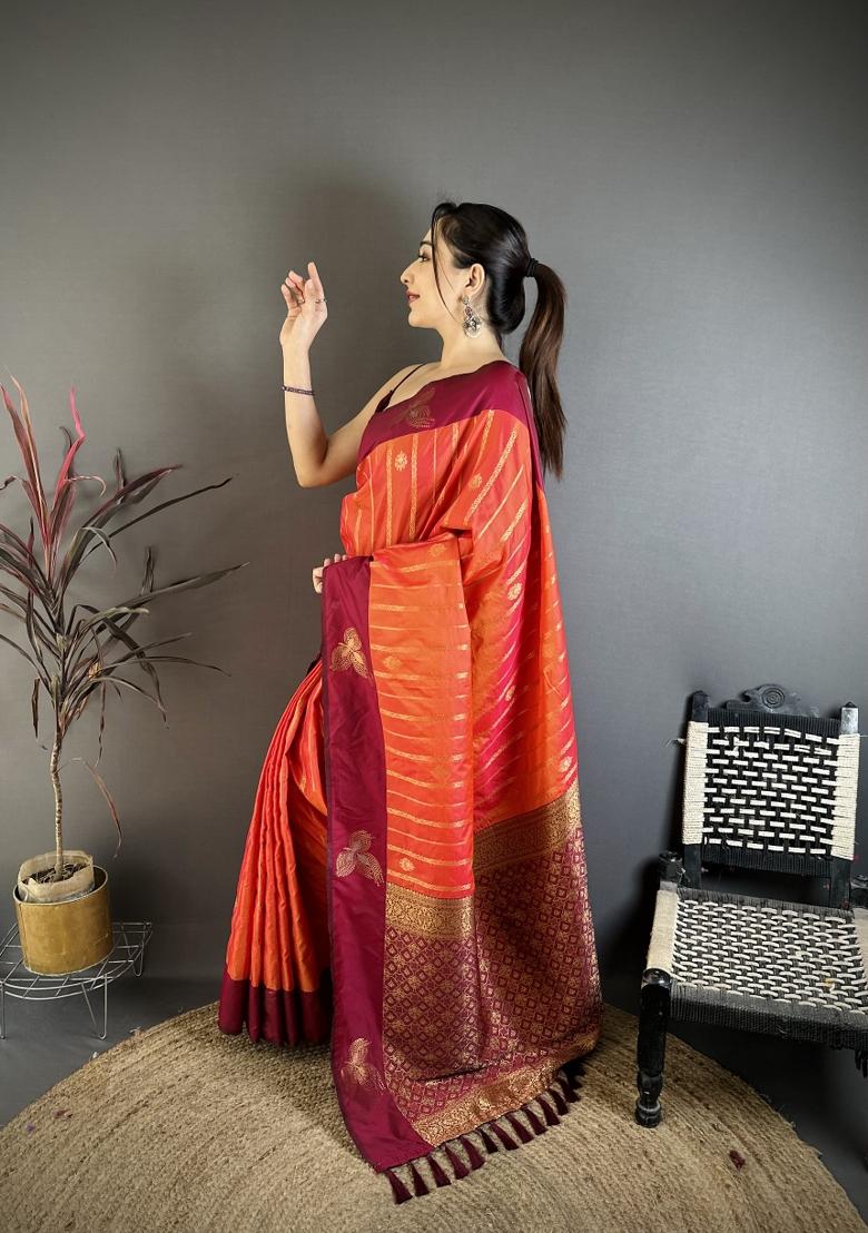 Orange Weaving Work Silk Saree Set - Indya