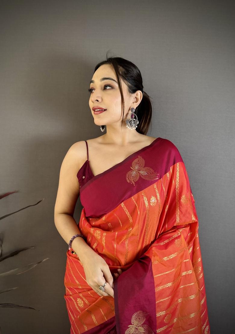 Orange Weaving Work Silk Saree Set - Indya