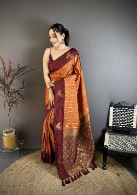 Rust Weaving Work Silk Saree Set