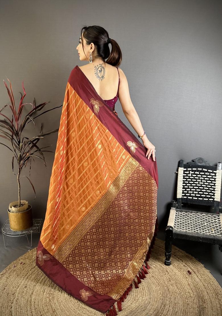 Rust Weaving Work Silk Saree Set - Indya