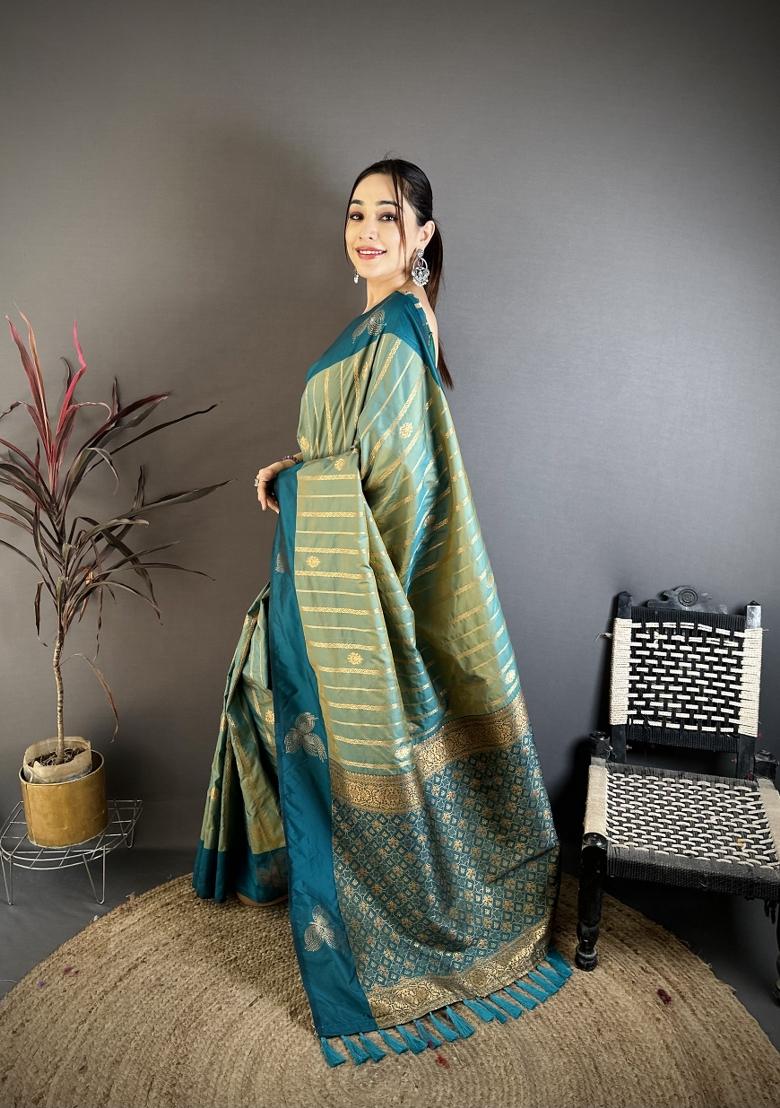 Sea Green Weaving Work Silk Saree Set - Indya