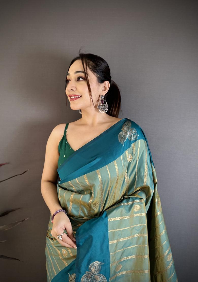 Sea Green Weaving Work Silk Saree Set - Indya