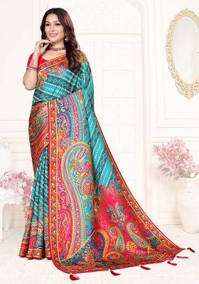 Blue Weaving Work Silk Saree Set