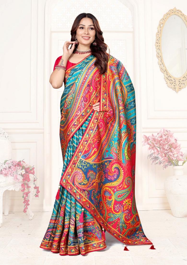 Blue Weaving Work Silk Saree Set - Indya
