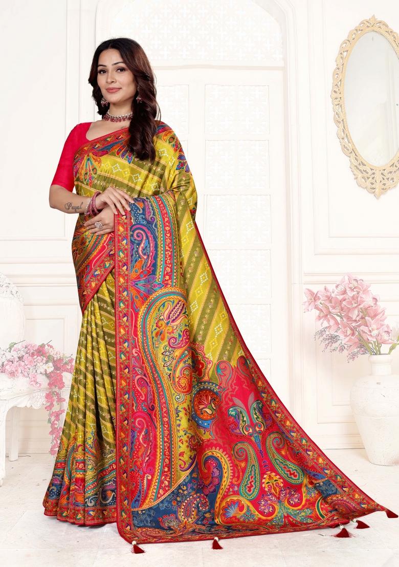 Mustard Yellow Weaving Work Silk Saree Set - Indya