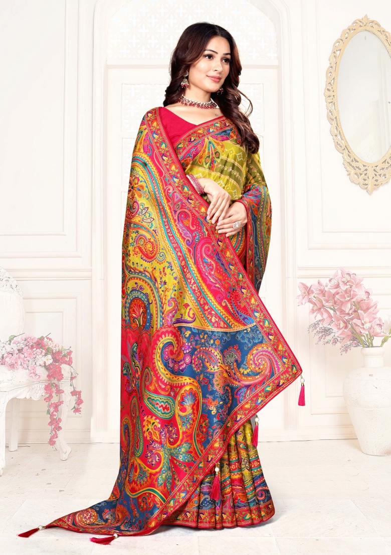 Mustard Yellow Weaving Work Silk Saree Set - Indya