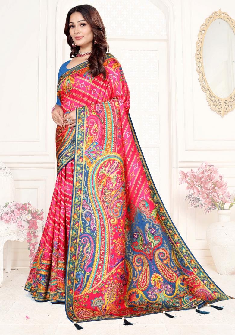 Pink Weaving Work Silk Saree Set - Indya