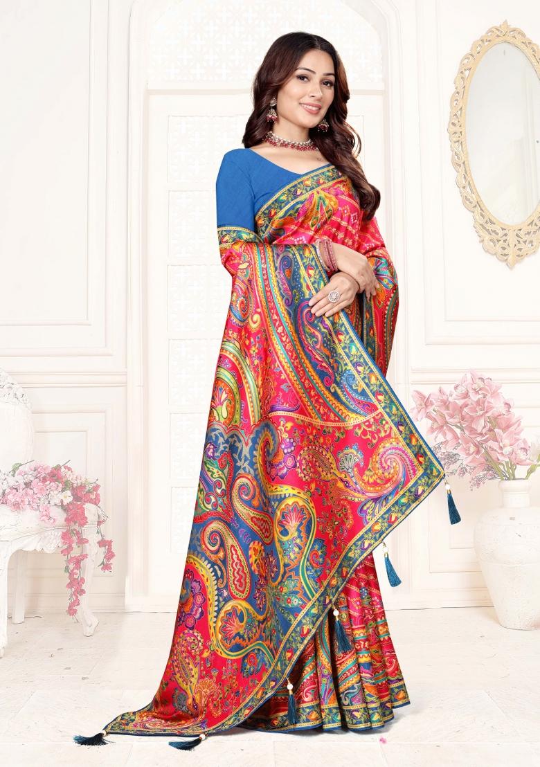 Pink Weaving Work Silk Saree Set - Indya