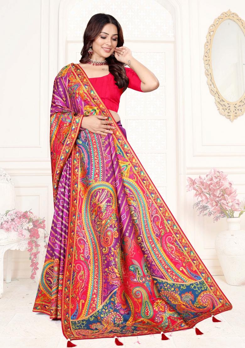 Purple Weaving Work Silk Saree Set - Indya