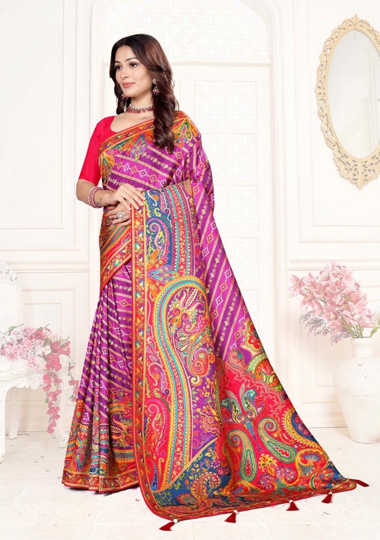 Purple Weaving Work Silk Saree Set - Indya