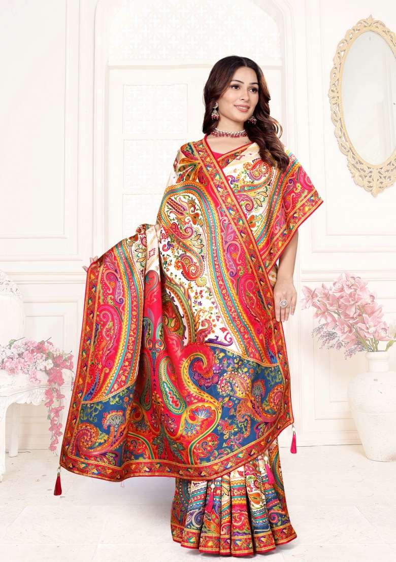 White Weaving Work Silk Saree Set - Indya