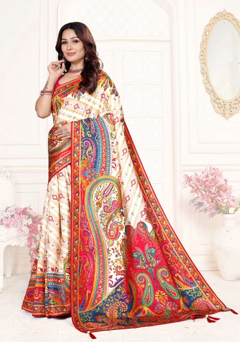 White Weaving Work Silk Saree Set - Indya