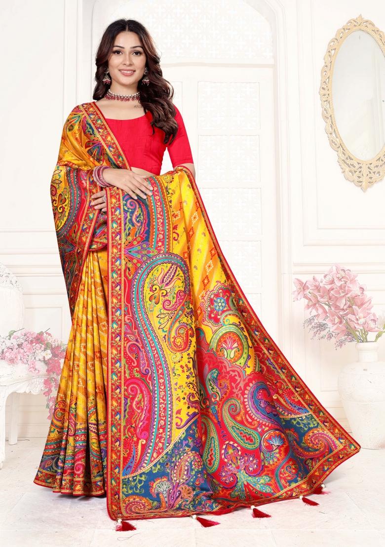 Yellow Weaving Work Silk Saree Set - Indya