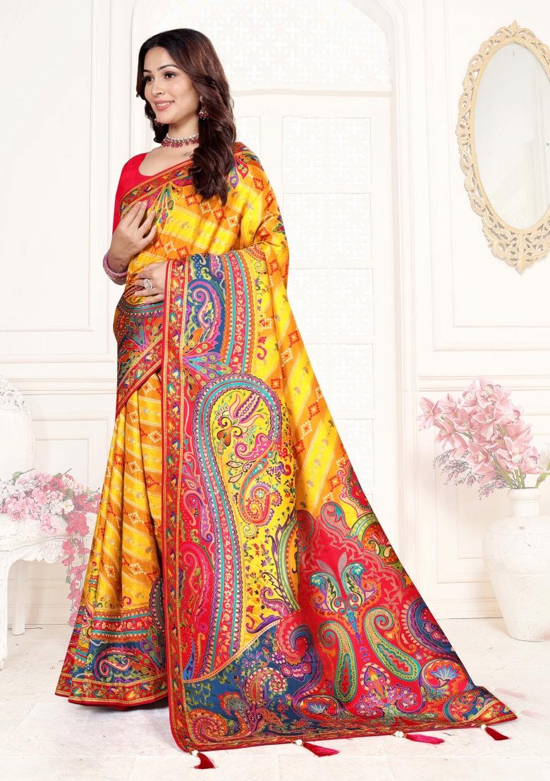 Yellow Weaving Work Silk Saree Set - Indya