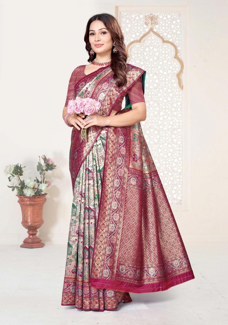 Multicolor Weaving Work Silk Saree Set - Indya