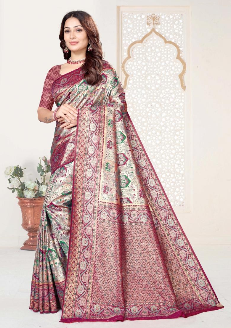 Multicolor Weaving Work Silk Saree Set - Indya
