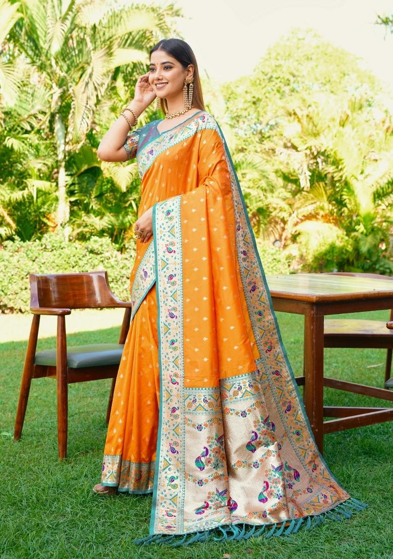 Mustard Weaving Work Silk Saree Set - Indya