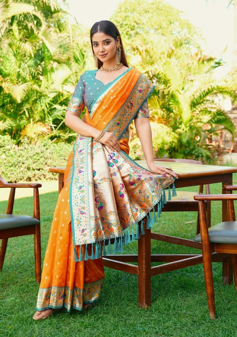 Mustard Weaving Work Silk Saree Set - Indya