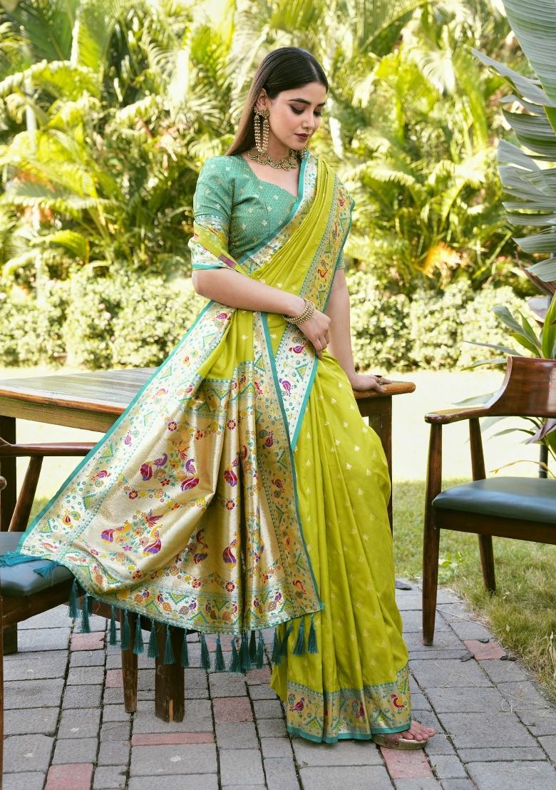 Parrot Green Weaving Work Silk Saree Set - Indya