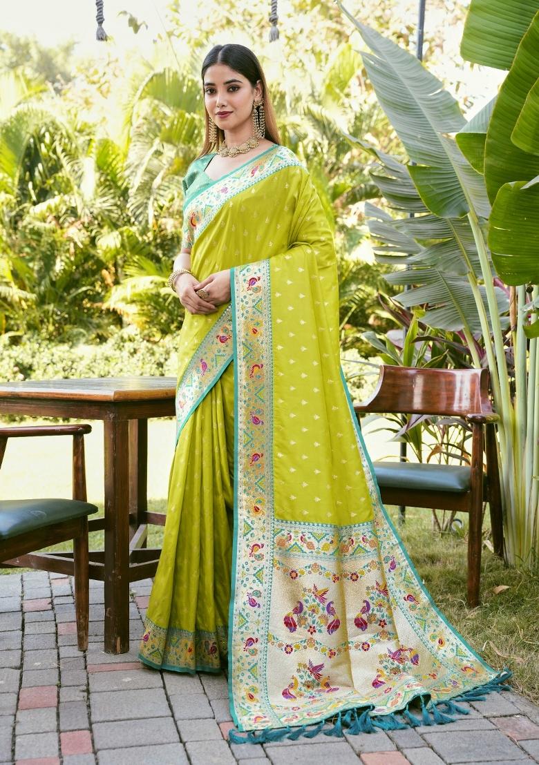 Parrot Green Weaving Work Silk Saree Set - Indya