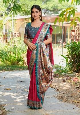Dark Pink Weaving Work Silk Saree Set