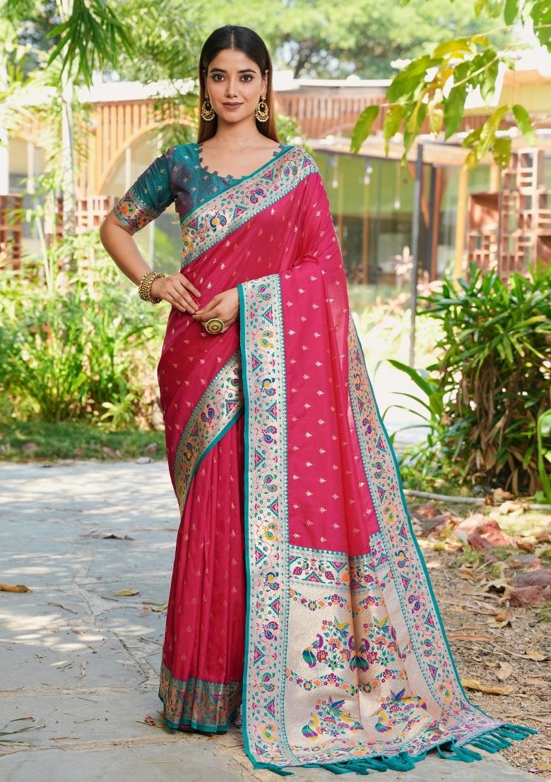 Dark Pink Weaving Work Silk Saree Set - Indya