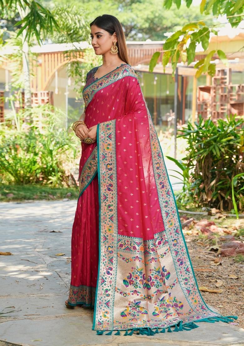 Dark Pink Weaving Work Silk Saree Set - Indya