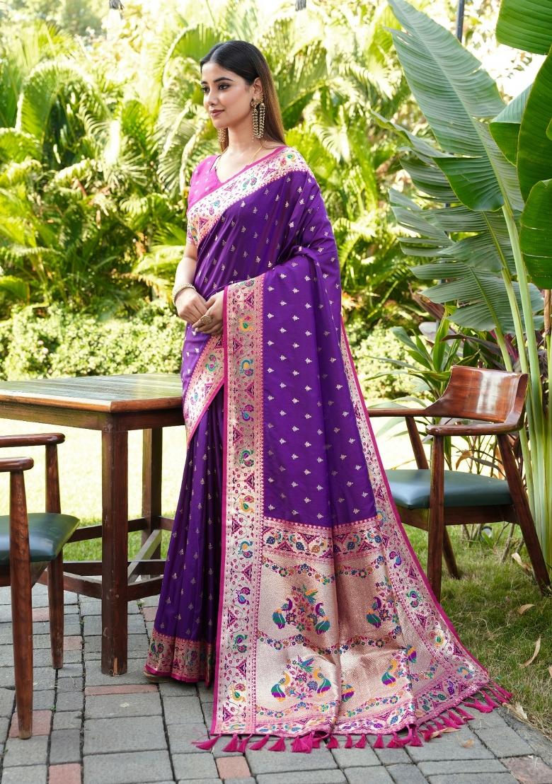 Purple Weaving Work Silk Saree Set - Indya
