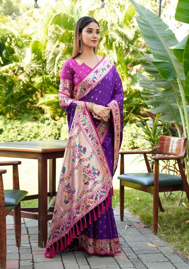 Purple Weaving Work Silk Saree Set - Indya