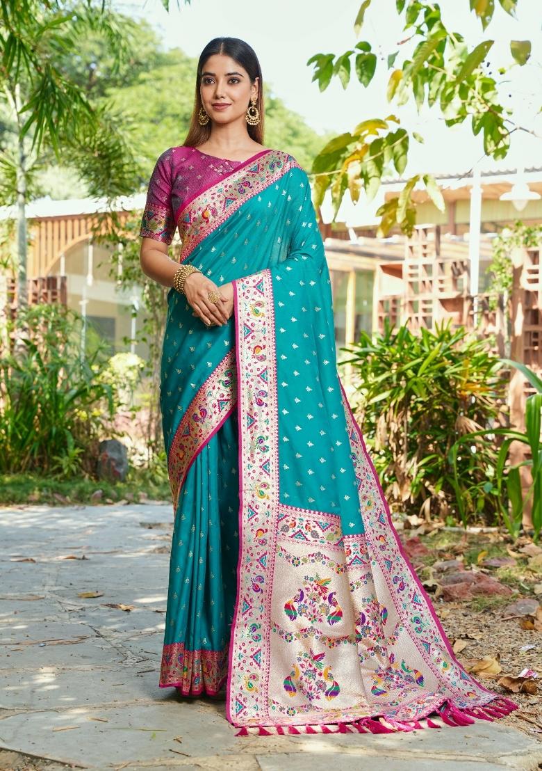 Rama Blue Weaving Work Silk Saree Set - Indya