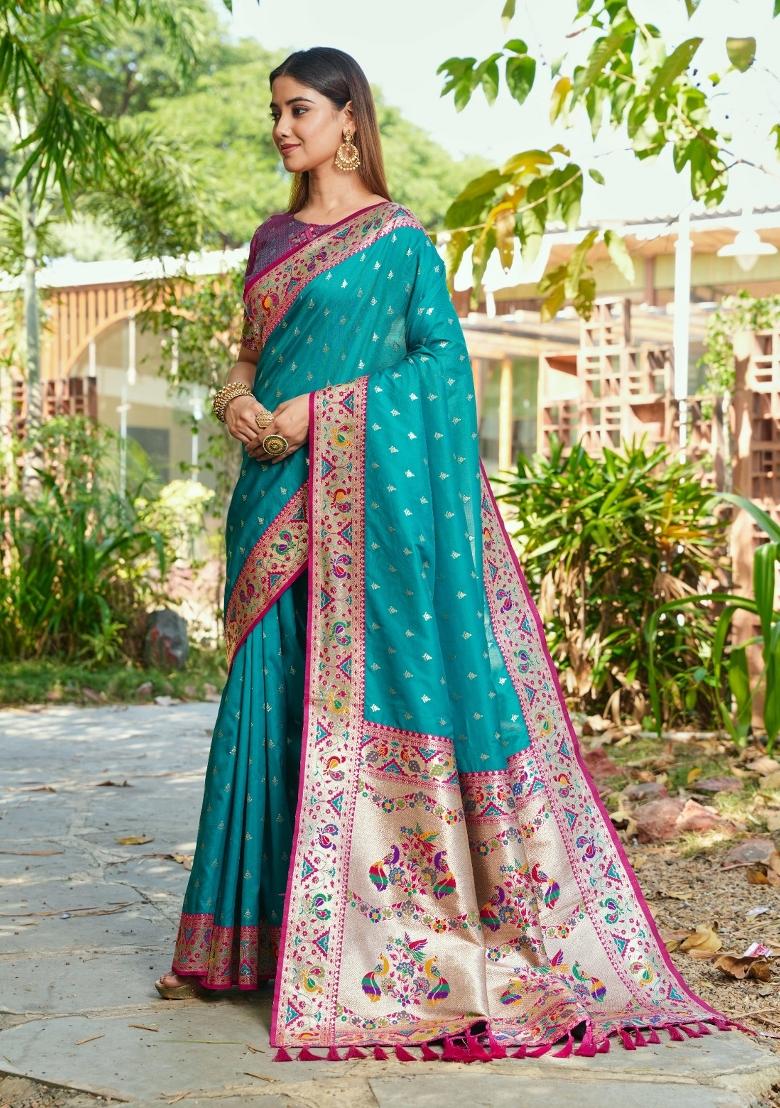 Rama Blue Weaving Work Silk Saree Set - Indya