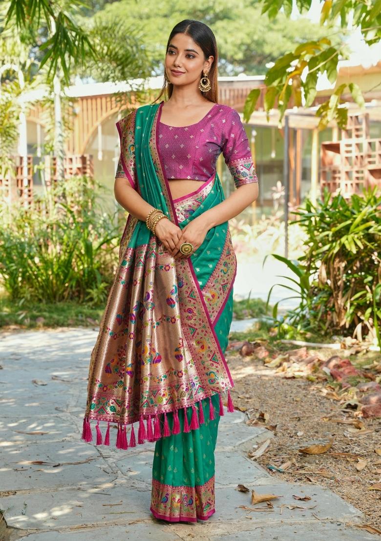 Rama Green Weaving Work Silk Saree Set - Indya