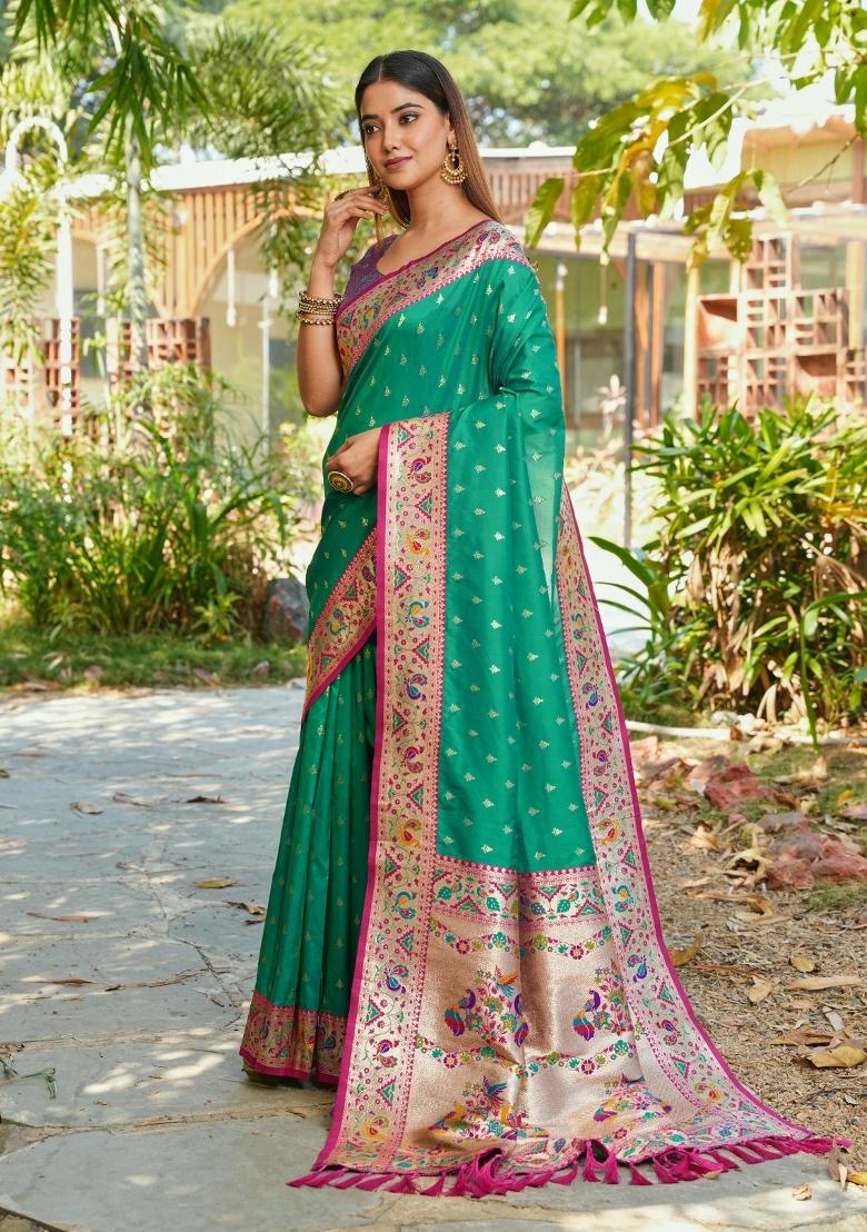 Rama Green Weaving Work Silk Saree Set - Indya
