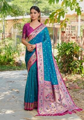 Teal Weaving Work Silk Saree Set