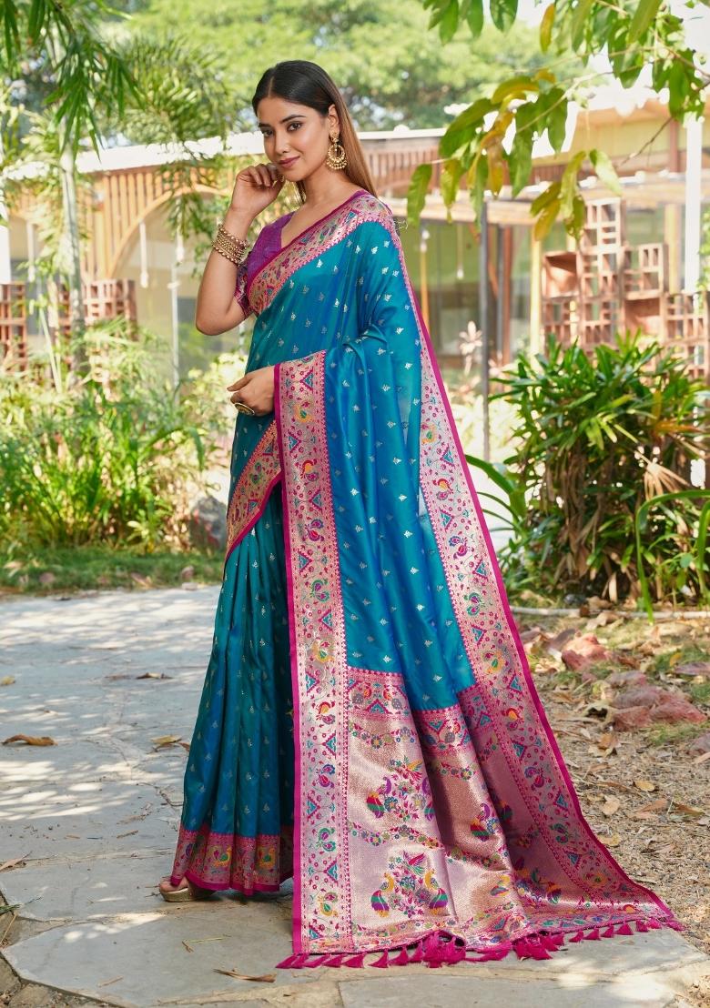 Teal Weaving Work Silk Saree Set - Indya