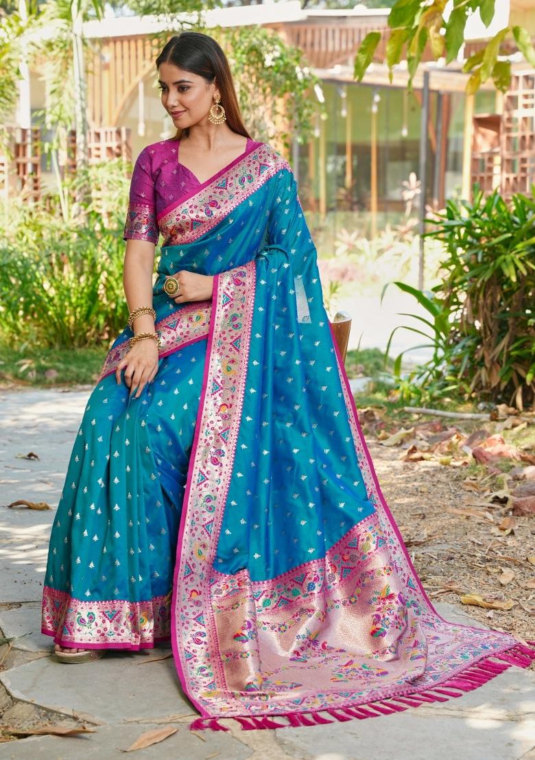 Teal Weaving Work Silk Saree Set - Indya