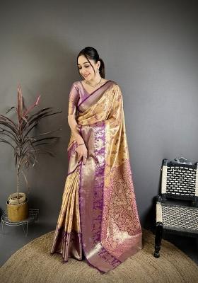Beige Jacquard Silk Saree Set