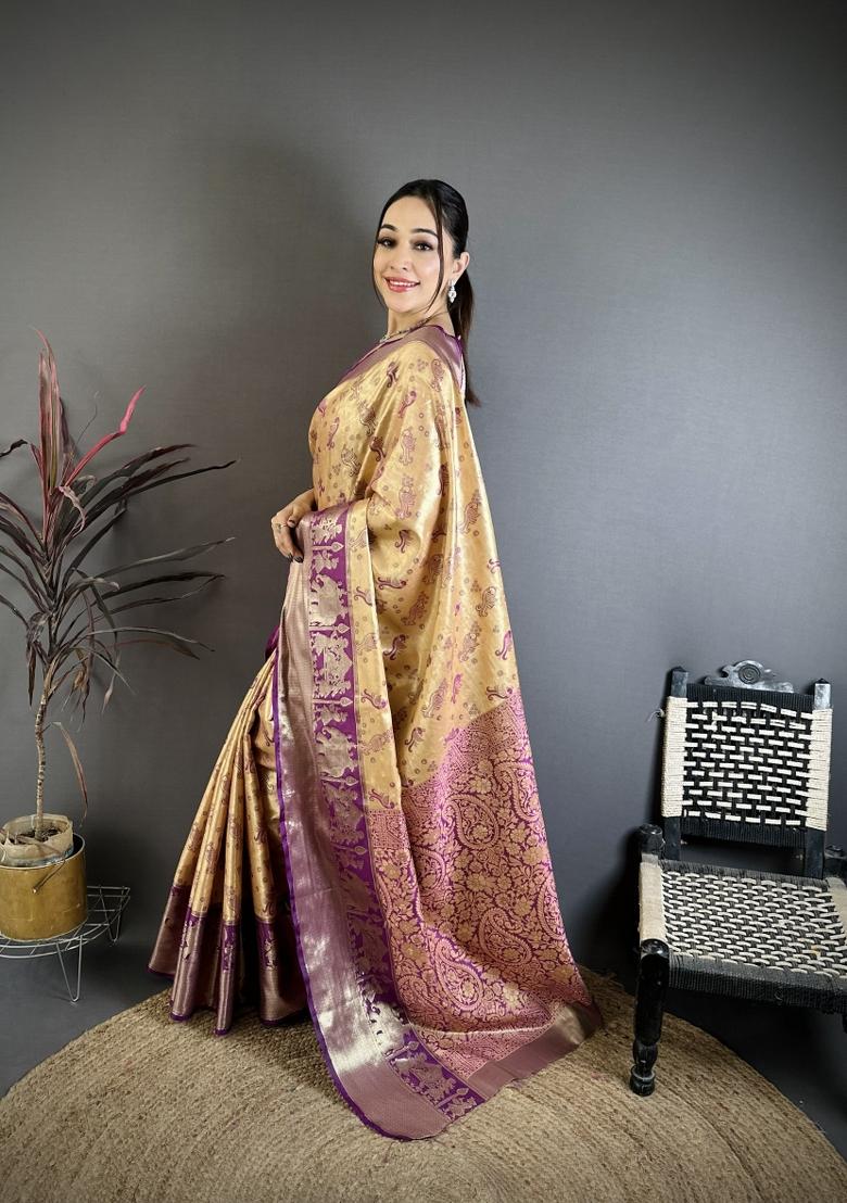 Beige Jacquard Silk Saree Set - Indya