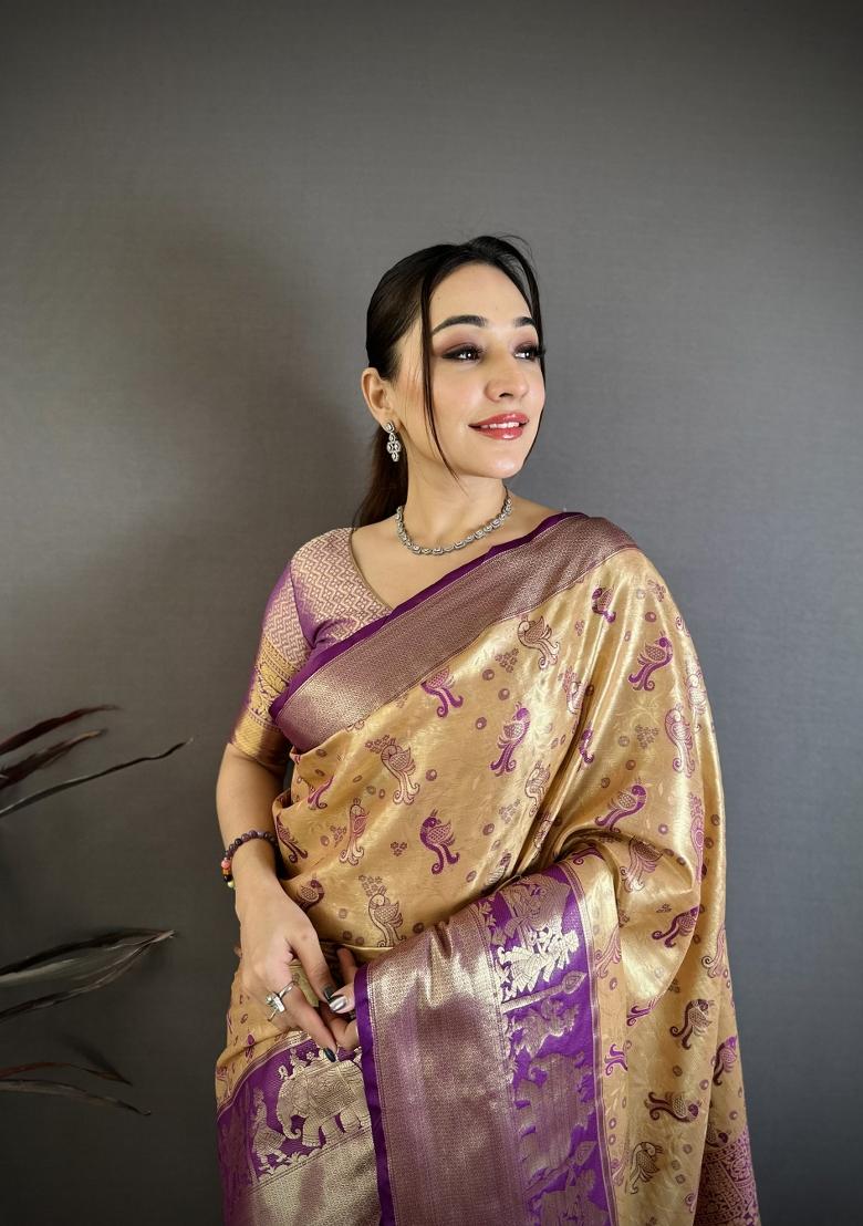 Beige Jacquard Silk Saree Set - Indya