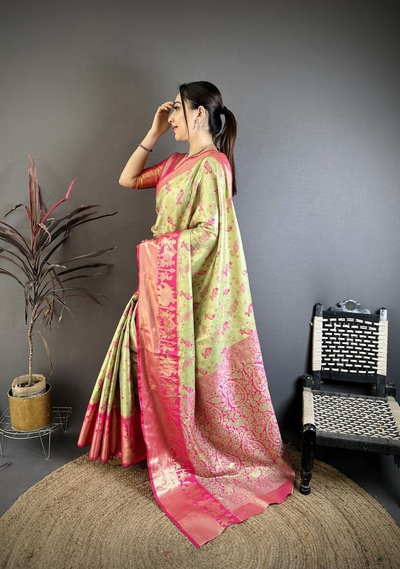 Green Jacquard Silk Saree Set - Indya