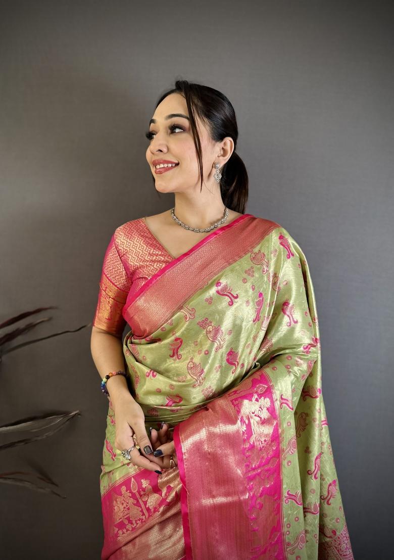Green Jacquard Silk Saree Set - Indya