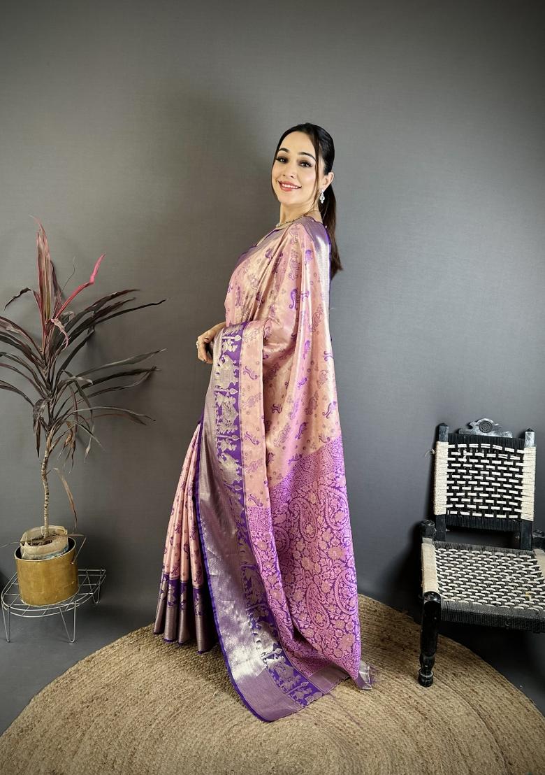 Pink Jacquard Silk Saree Set - Indya