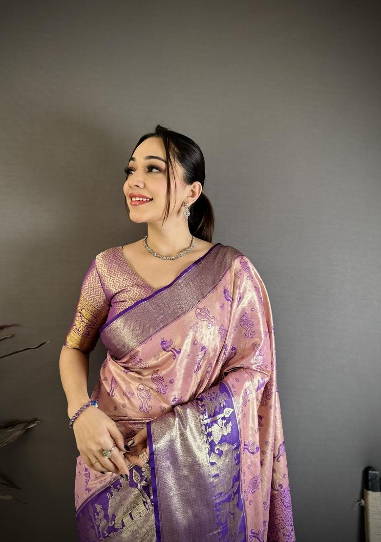 Pink Jacquard Silk Saree Set - Indya