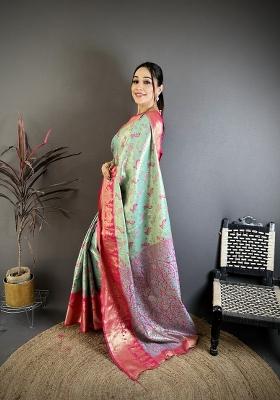 Sea Green Jacquard Silk Saree Set