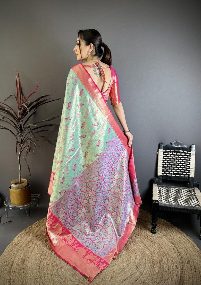 Sea Green Jacquard Silk Saree Set - Indya