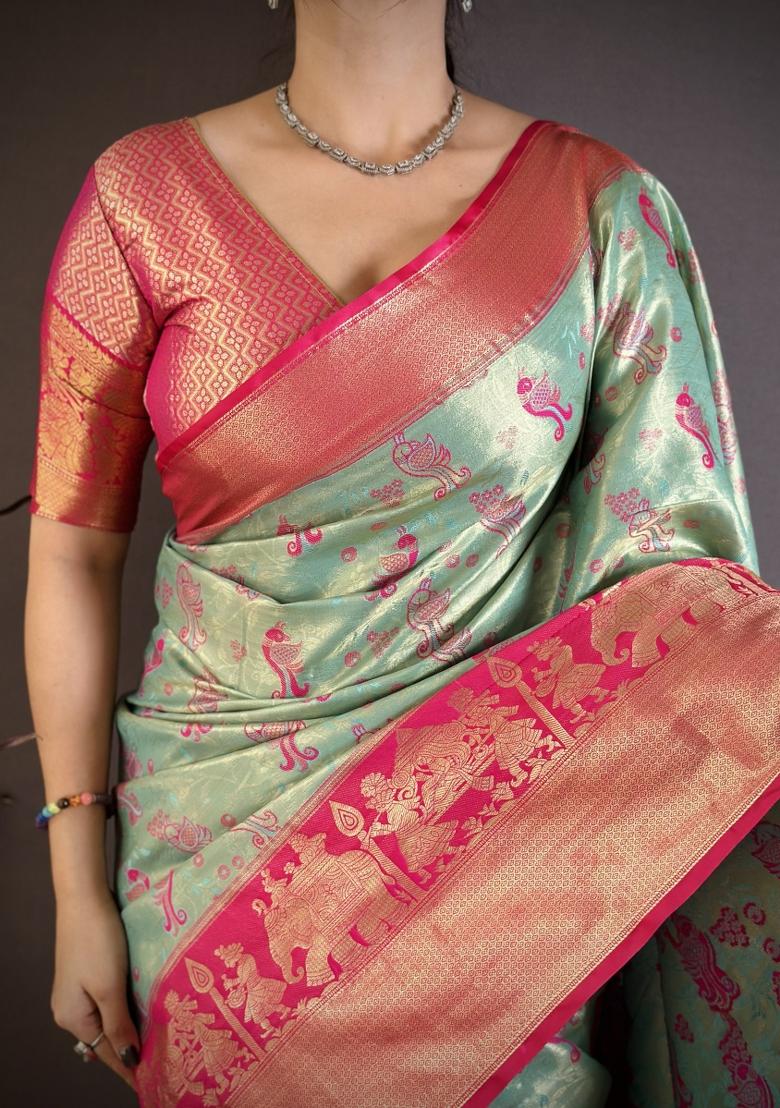 Sea Green Jacquard Silk Saree Set - Indya