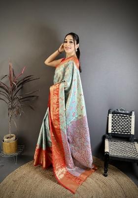 Sky Blue Jacquard Silk Saree Set
