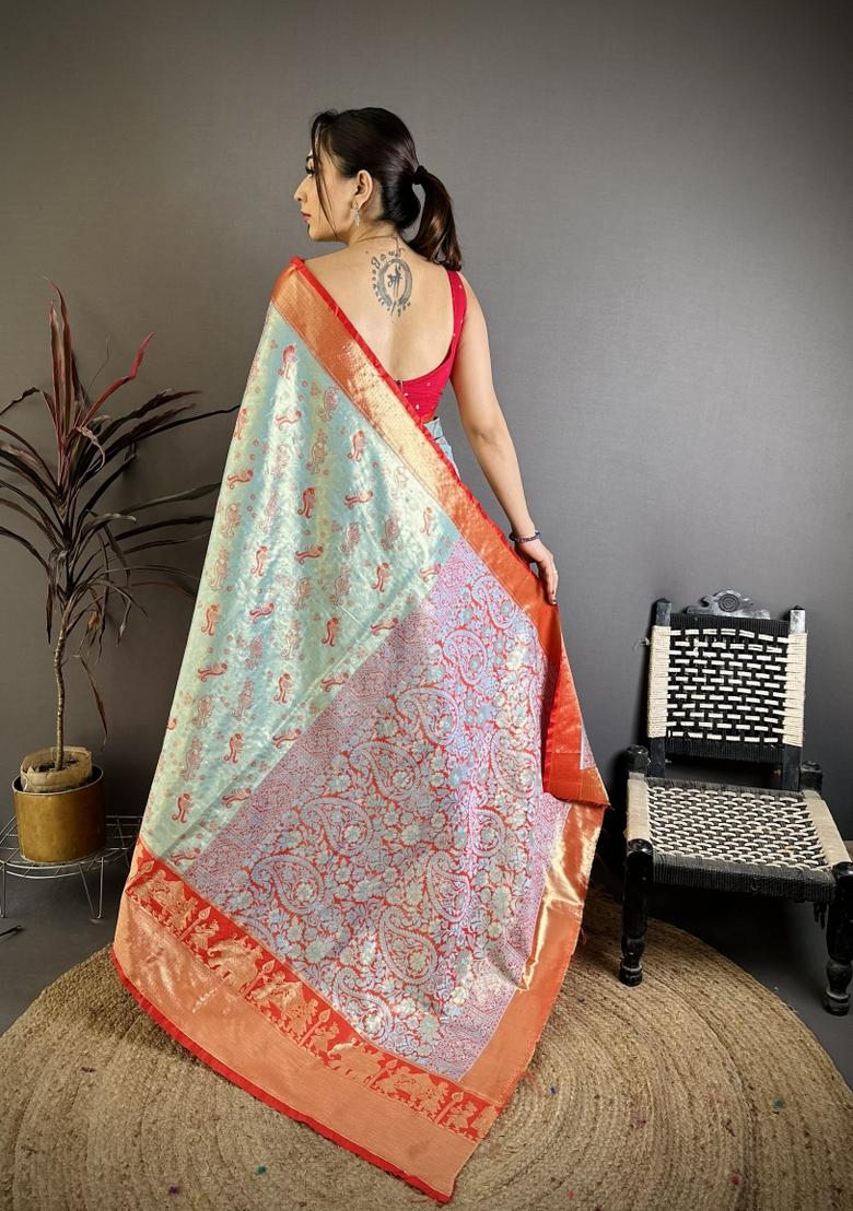 Sky Blue Jacquard Silk Saree Set - Indya